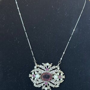 Repurposed ART/Arthur Pepper Silver-Tone Brooch Necklace with Purple & Pearl